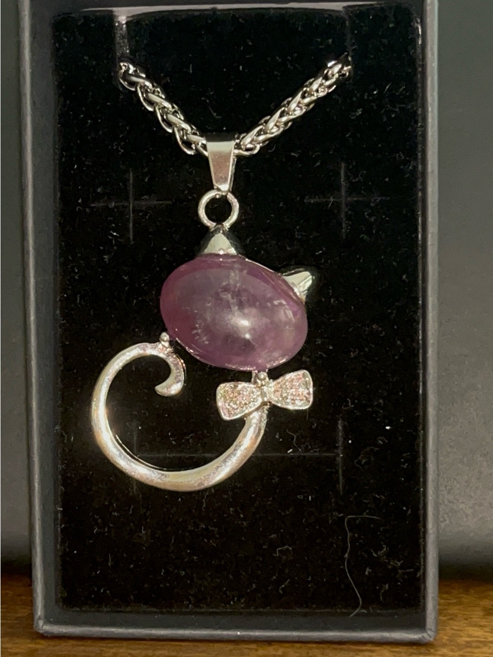 Silver Cat Pendant Necklace with Pink Cabochon and Bow Accent